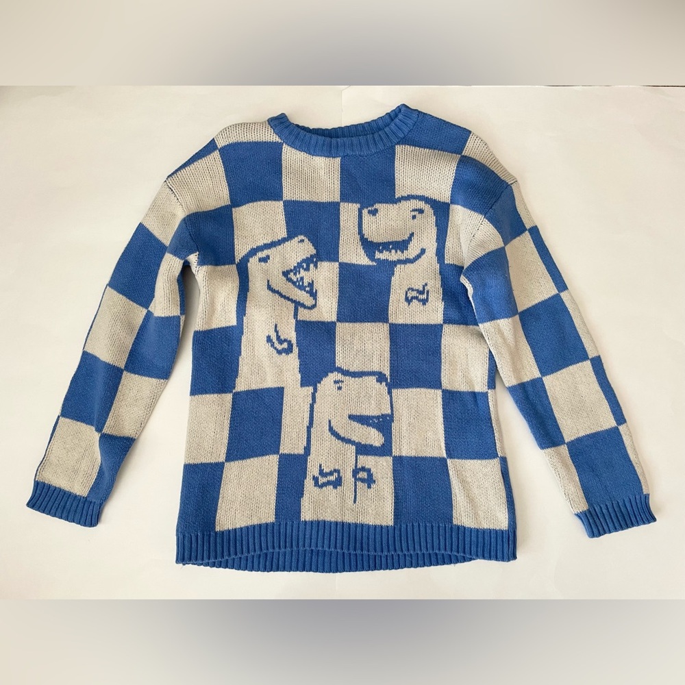 H&M Blue & Cream Checkered Dinosaur Knit Sweater